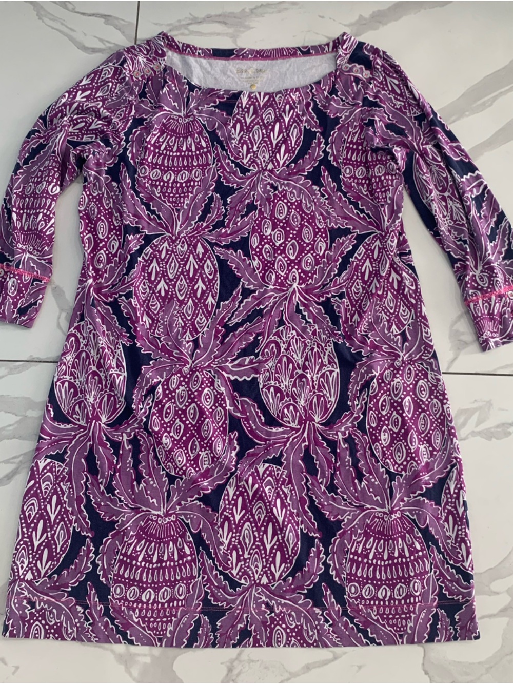 Lilly Pulitzer Sophie Mini Dress Sz XL Purple Pineapple 3/4 Sleeve Boat Neck
